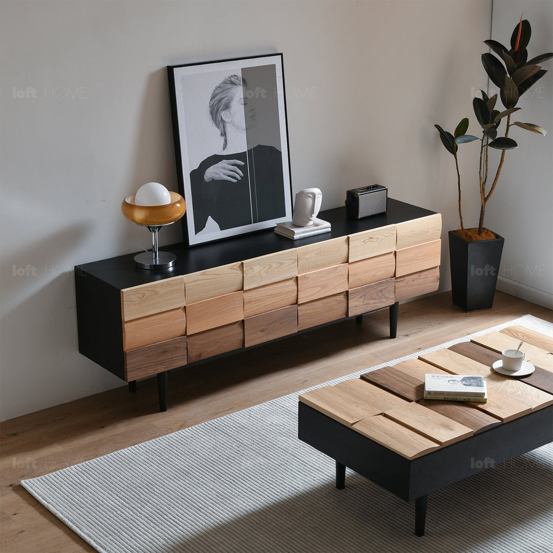 Scandinavian wood tv console variation 1 in real life style.