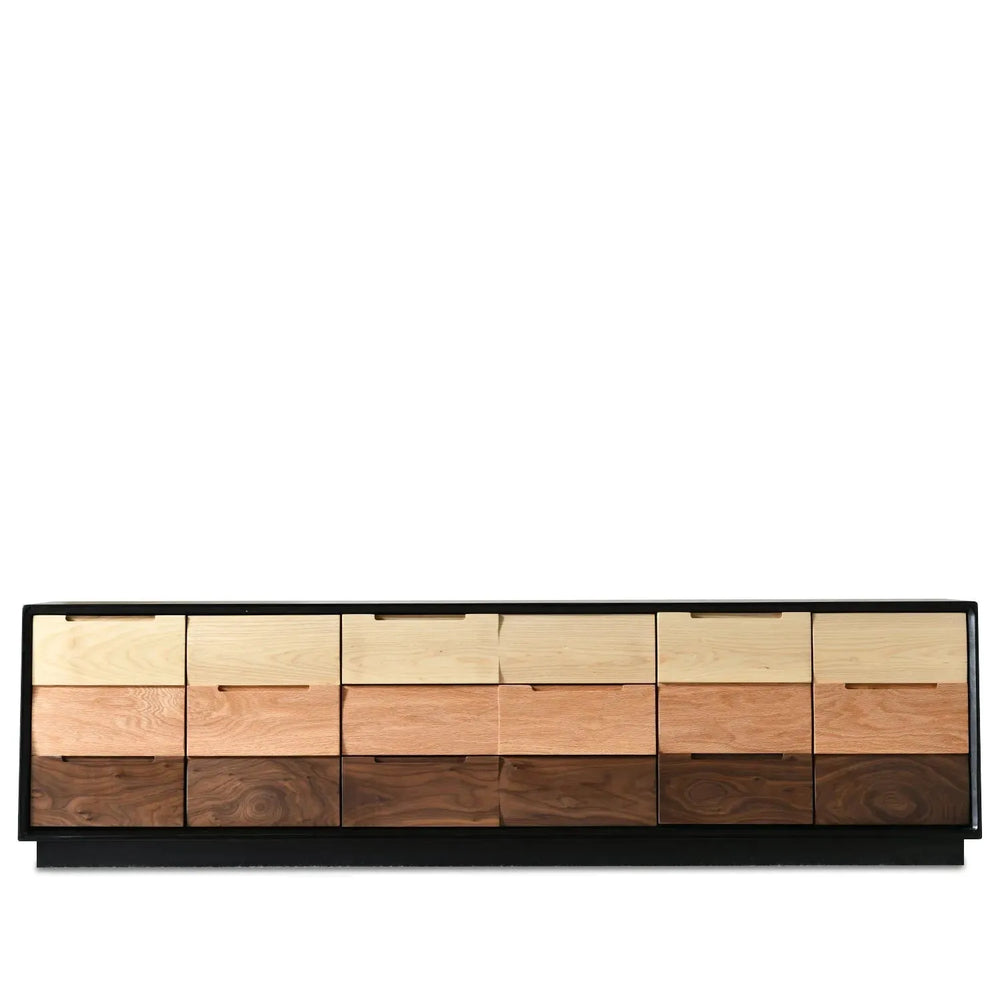 Scandinavian wood tv console wabi sabi in white background.