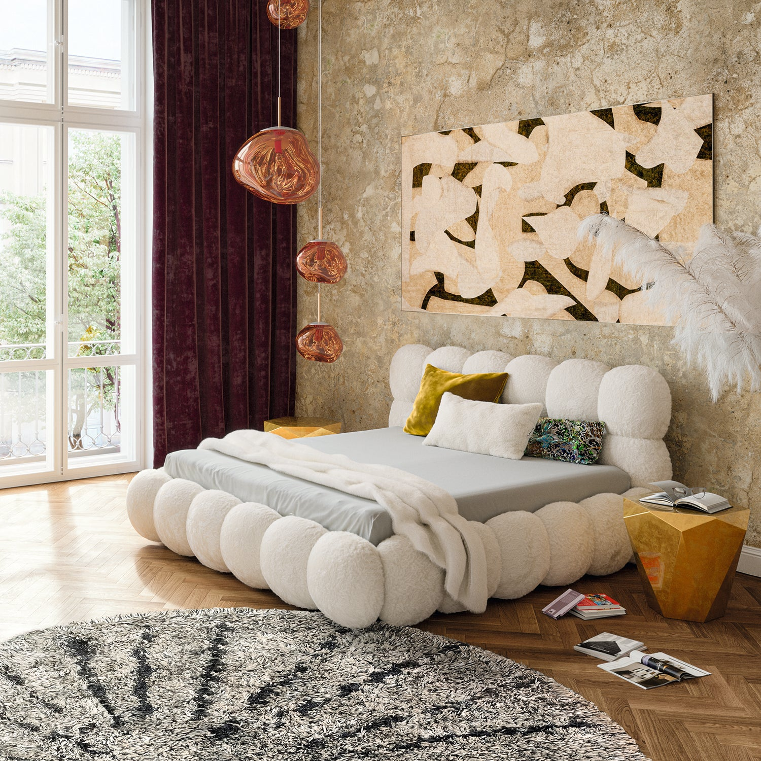 Luxurious bedroom with a fluffy white bed, abstract wall art, velvet curtains, and artistic pendant lights, creating a stylish and cozy ambiance.