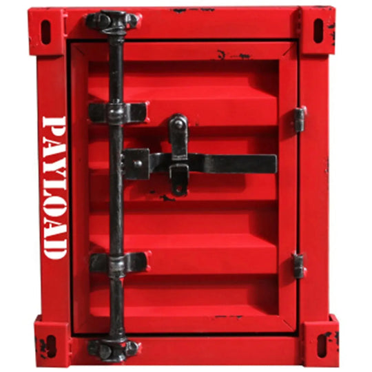 Industrial steel side table container in white background.