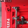 Industrial steel side table container with context.
