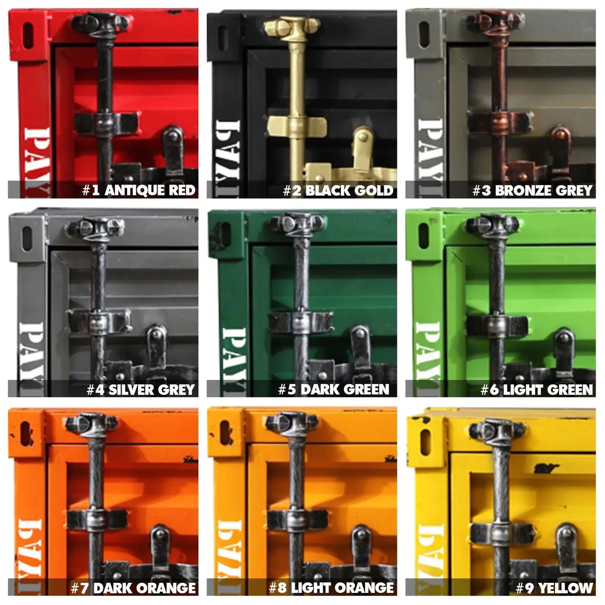 Industrial steel side table container color swatches.