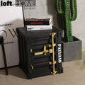 Industrial steel side table container in panoramic view.