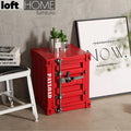 Industrial steel side table container in close up details.
