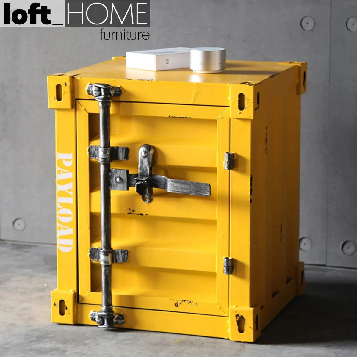 Industrial steel side table container in real life style.