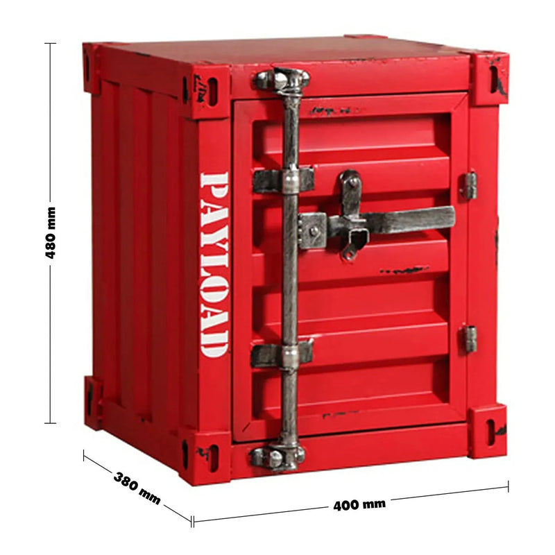 Industrial steel side table container size charts.