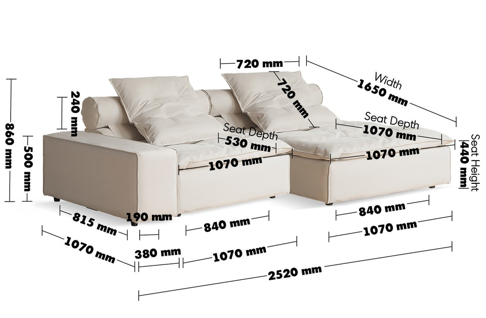 Modern Suede Fabric Modular L Shape Sectional Sofa 2+L BLOOM Size Chart