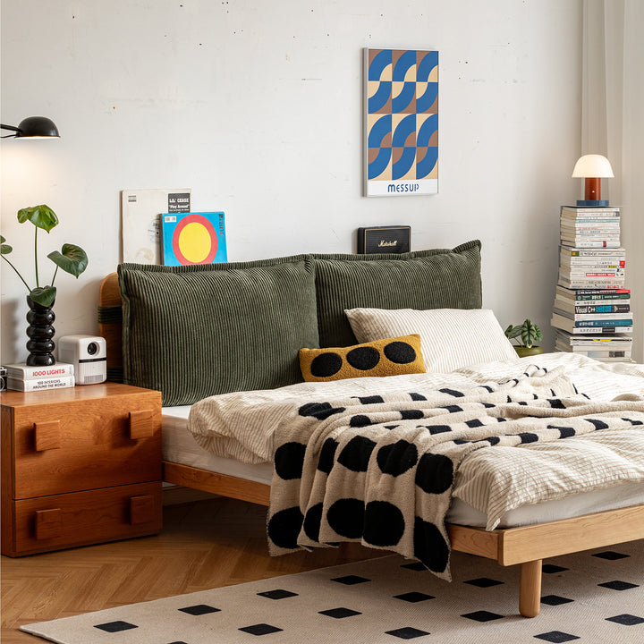 Universal corduroy velvet fabric bed head cushion in still life.