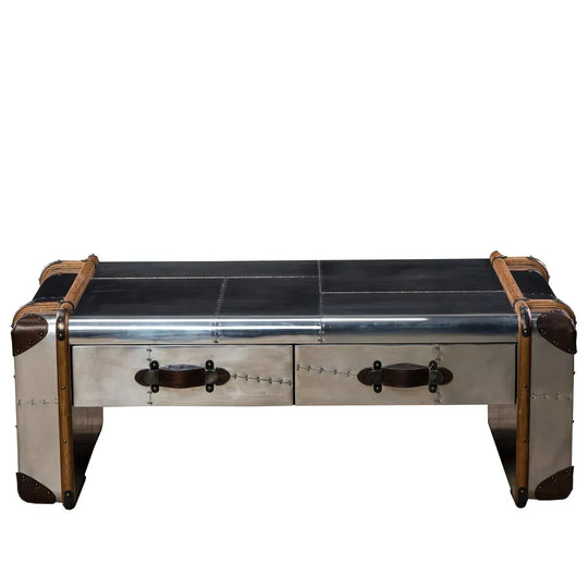 Industrial aluminium coffee table turbojet in white background.
