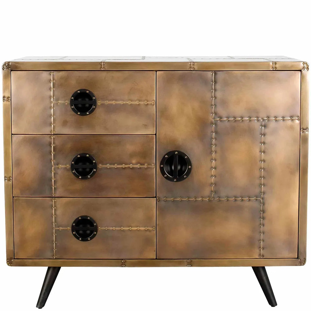 Vintage aluminium drawer storage cabinet jetbrass in white background.