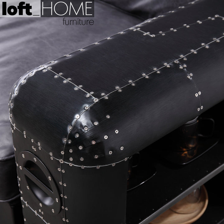 Vintage Aluminium Genuine Leather 3 Seater Sofa BLACK AIRCRAFT