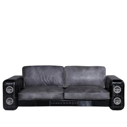 Industrial aluminium genuine leather 3 seater sofa black aircraft in white background.