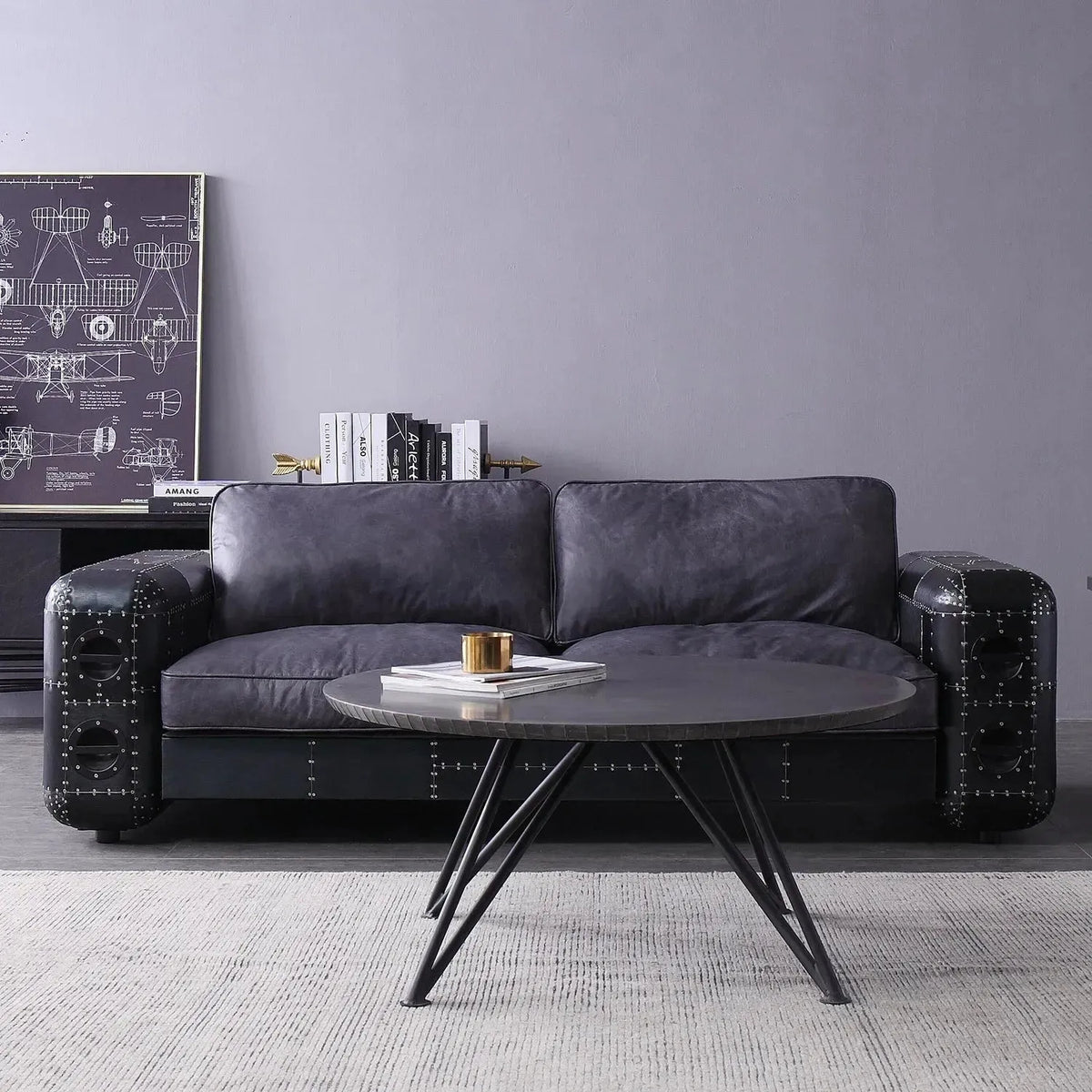Industrial aluminium genuine leather 3 seater sofa black aircraft in real life style.