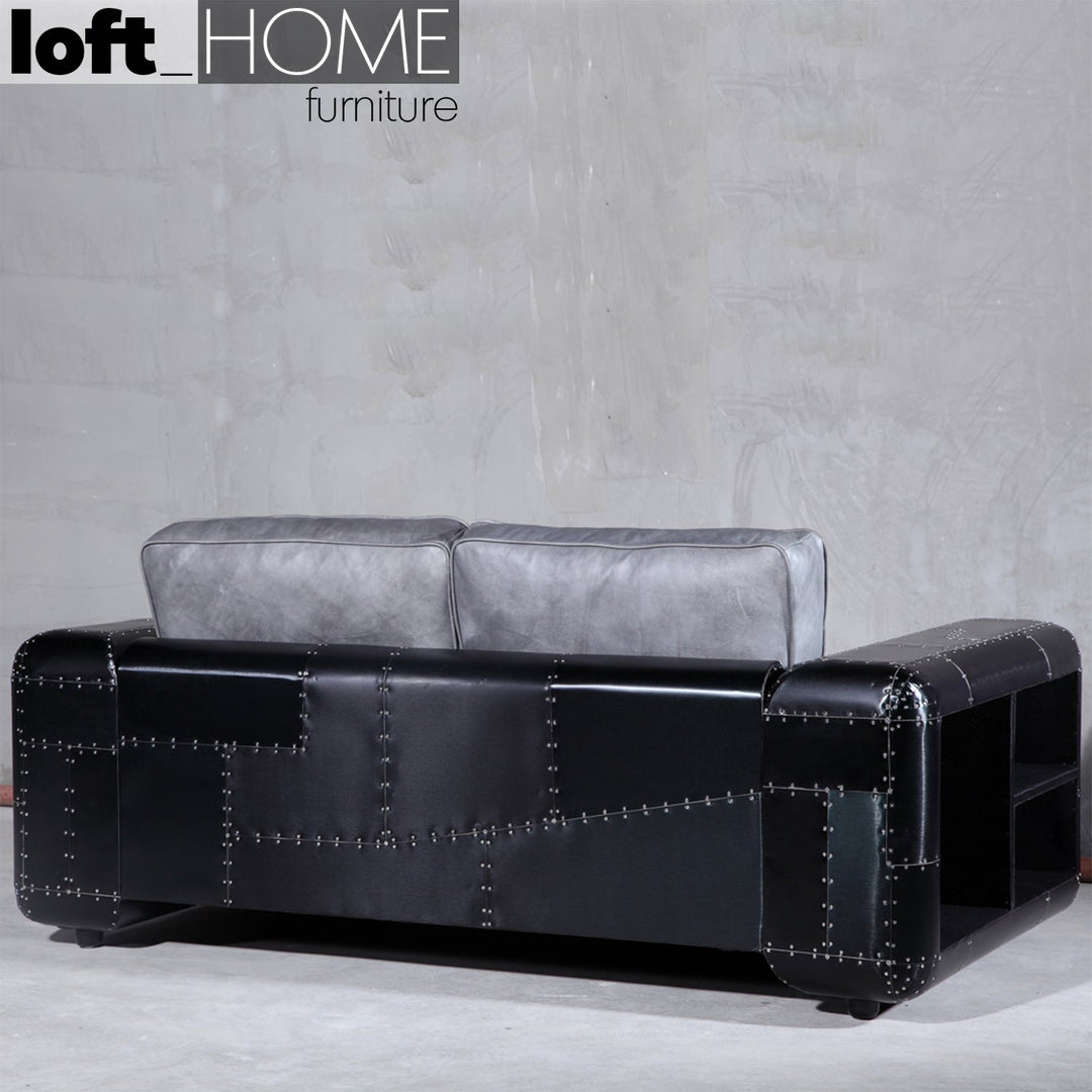 Vintage aluminium leather 2 seater sofa black aircraft layered structure.