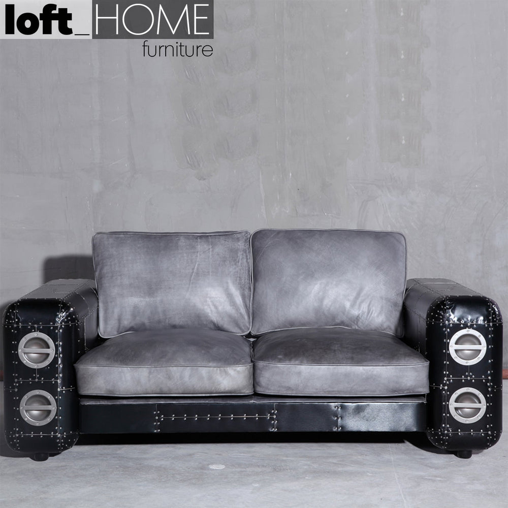 Vintage aluminium leather 2 seater sofa black aircraft primary product view.