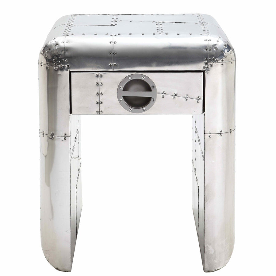 Vintage aluminium side table aircraft in white background.