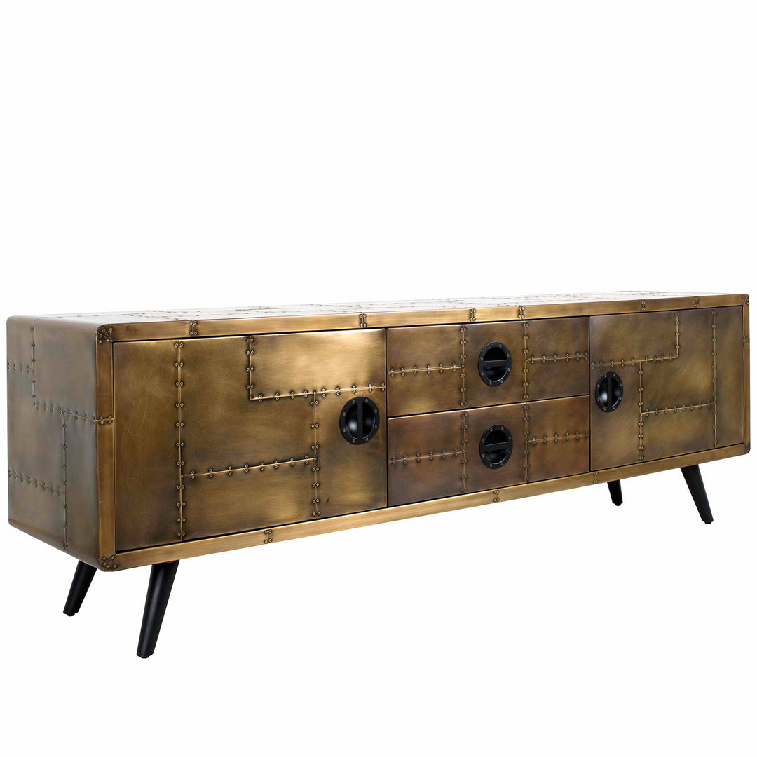 Vintage aluminium tv console jetbrass in real life style.