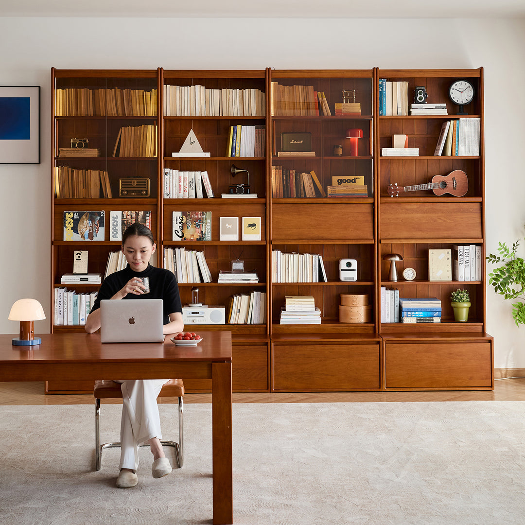 Vintage boxwood bookshelf vista in still life.