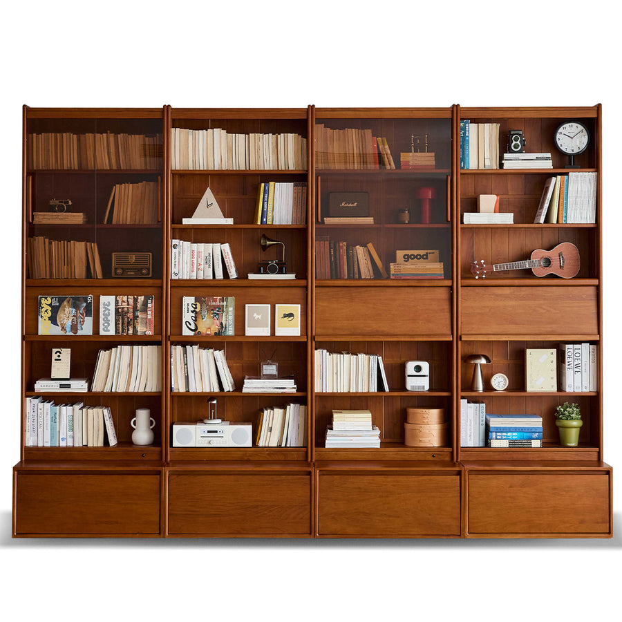 Vintage boxwood bookshelf vista in white background.
