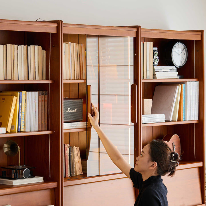 Vintage boxwood bookshelf vista in real life style.