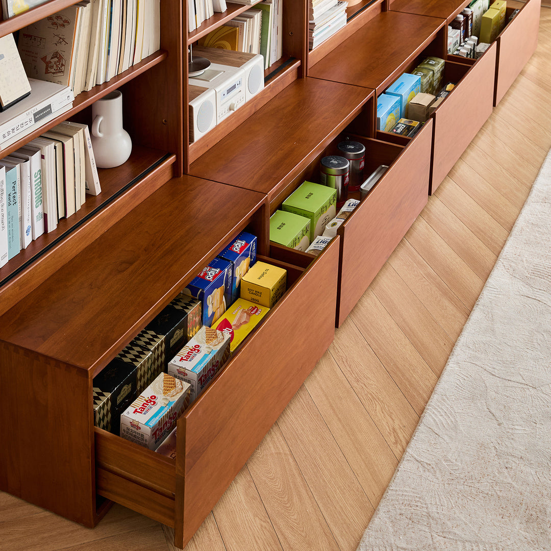 Vintage boxwood bookshelf vista in close up details.