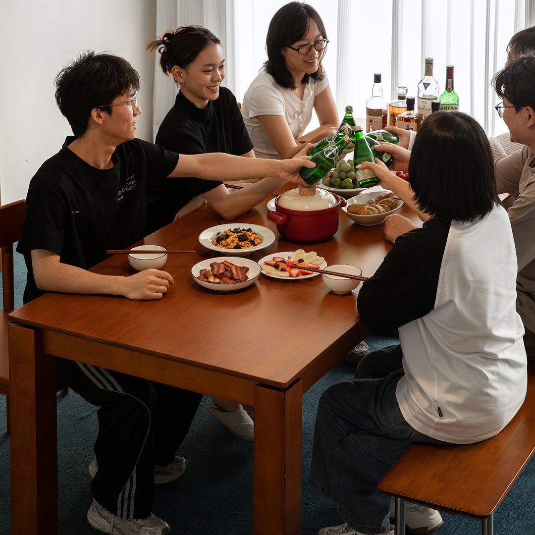 Vintage boxwood dining table shoreline in panoramic view.