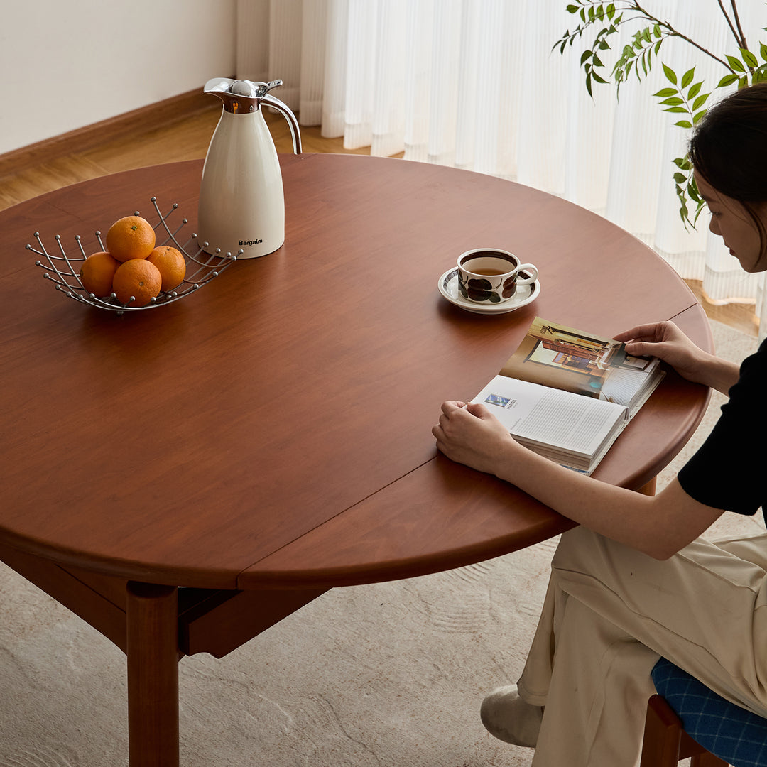 Vintage boxwood extendable dining table minima in panoramic view.
