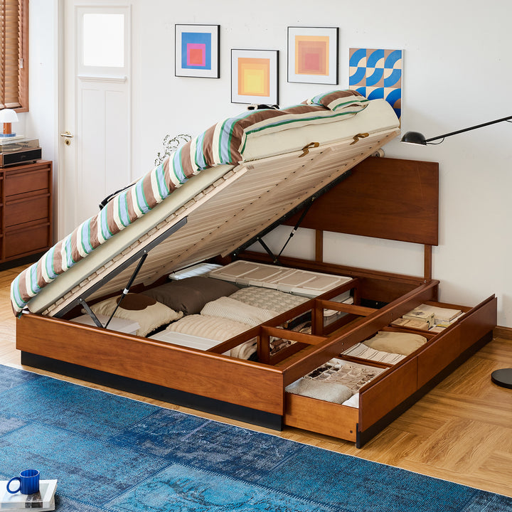Vintage boxwood lift-up storage bed with drawer wheat field primary product view.