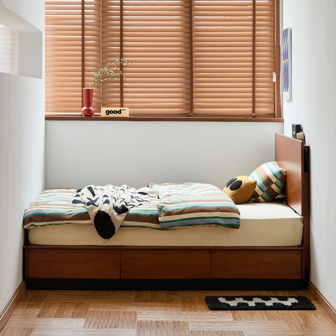 Vintage boxwood lift-up storage bed with drawer wheat field material variants.