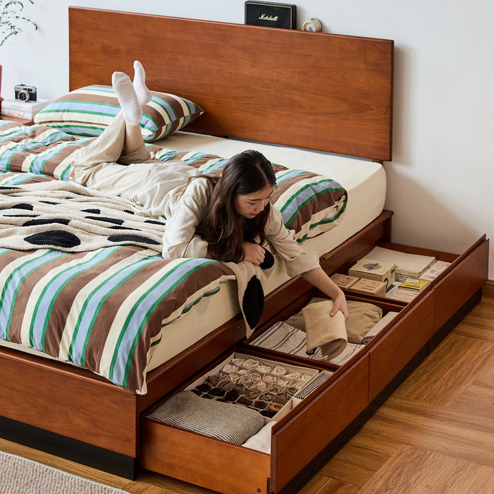 Vintage boxwood lift-up storage bed with drawer wheat field in real life style.