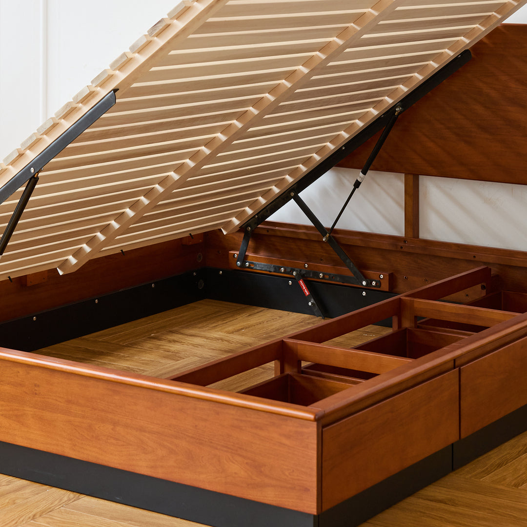 Vintage boxwood lift-up storage bed with drawer wheat field in details.