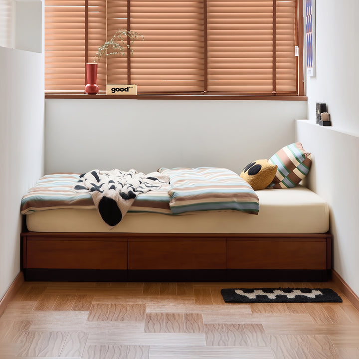 Vintage boxwood lift-up storage platform bed with drawer wheat field color swatches.