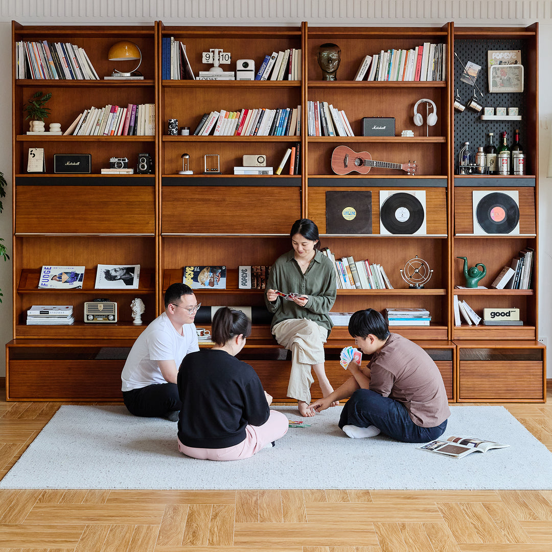 Vintage boxwood modular bookshelf mura in panoramic view.