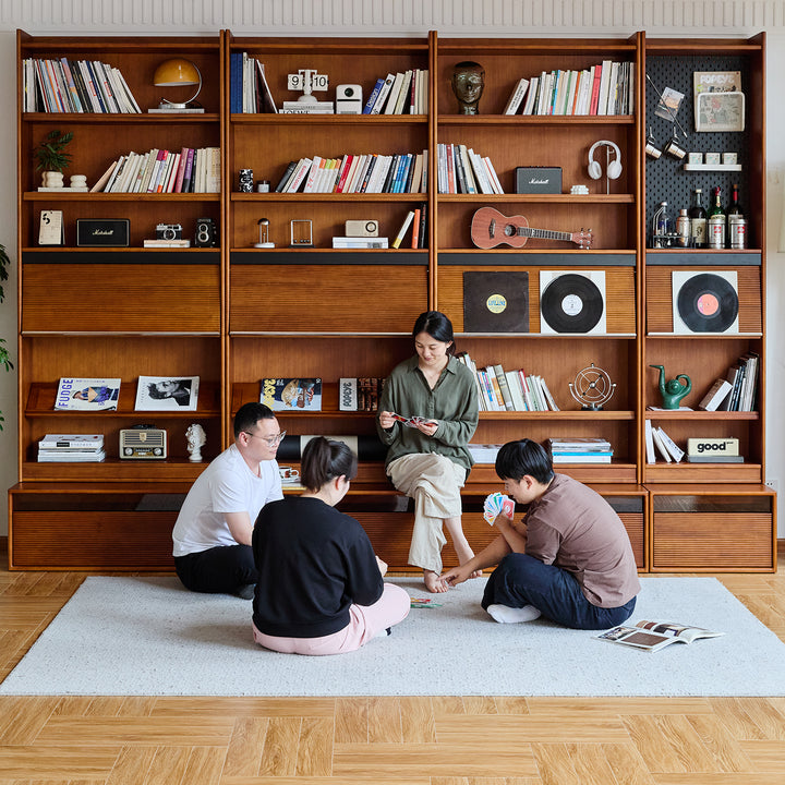 Vintage boxwood modular bookshelf mura in panoramic view.