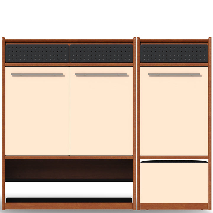 Wooden cabinet with black and beige panels on a white background