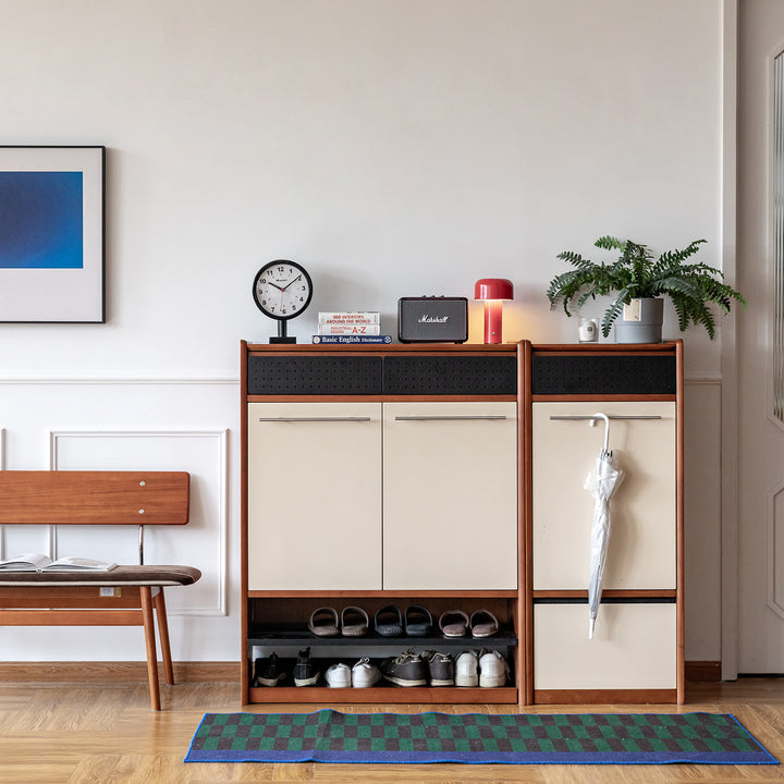 Vintage boxwood modular shoe cabinet mies in panoramic view.