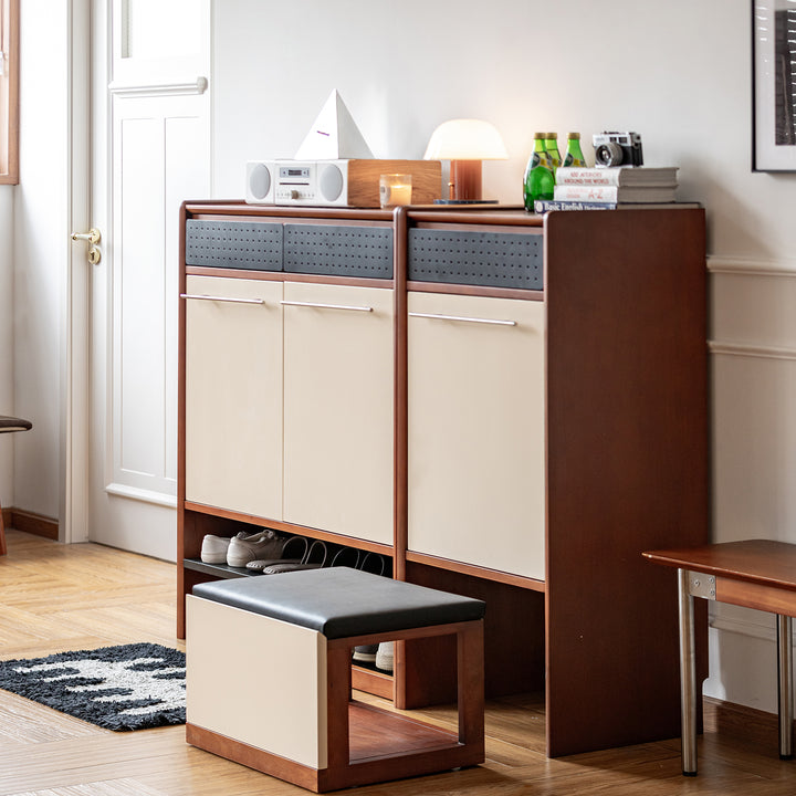 Vintage boxwood modular shoe cabinet mies in still life.