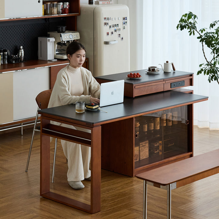 Vintage boxwood sintered stone extendable island dining table with cabinet skeletal situational feels.