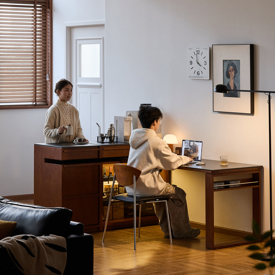 Vintage boxwood sintered stone extendable island dining table with cabinet skeletal layered structure.