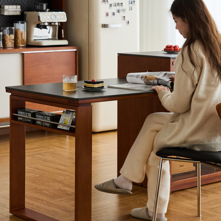 Vintage boxwood sintered stone extendable island dining table with cabinet skeletal material variants.