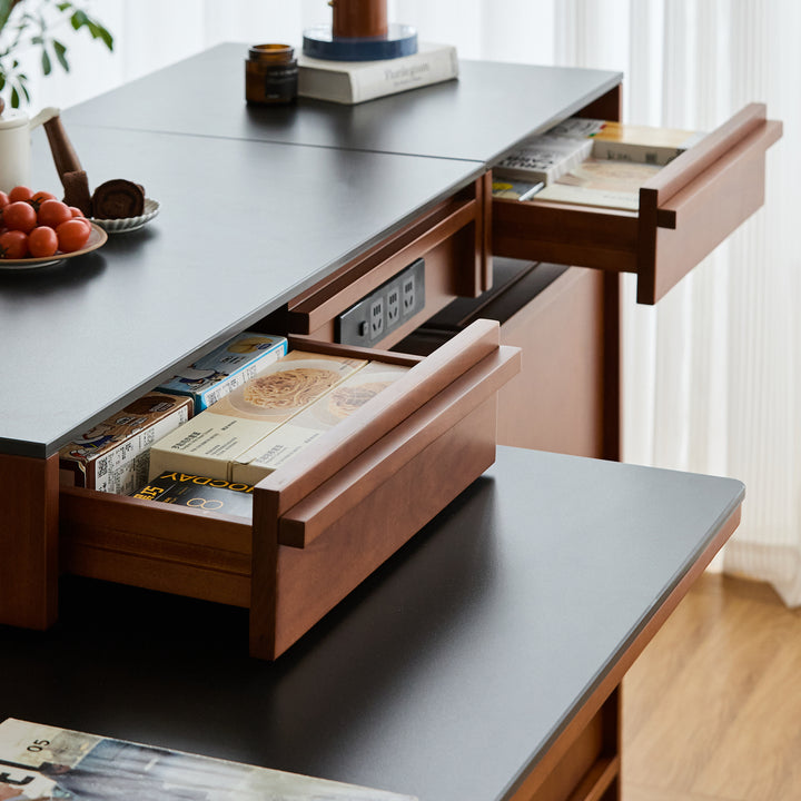Vintage boxwood sintered stone extendable island dining table with cabinet skeletal in details.