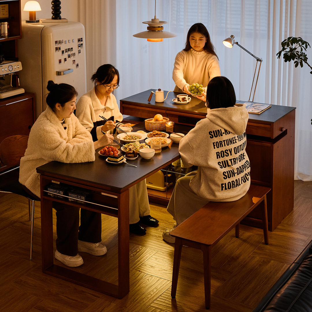Vintage boxwood sintered stone extendable island dining table with cabinet skeletal in close up details.