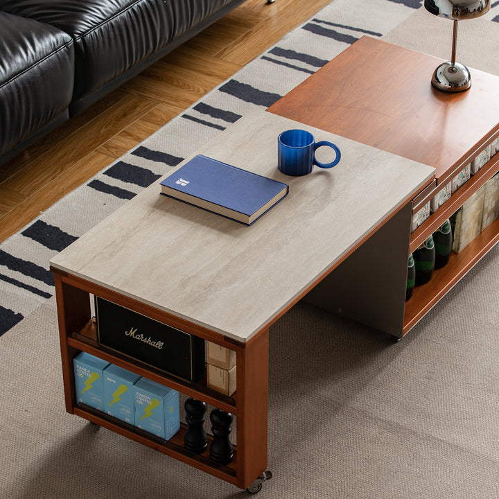 Vintage boxwood sintered stone lift-up coffee table silver wing with context.