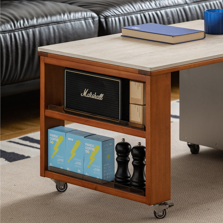 Vintage boxwood sintered stone lift-up coffee table silver wing in details.