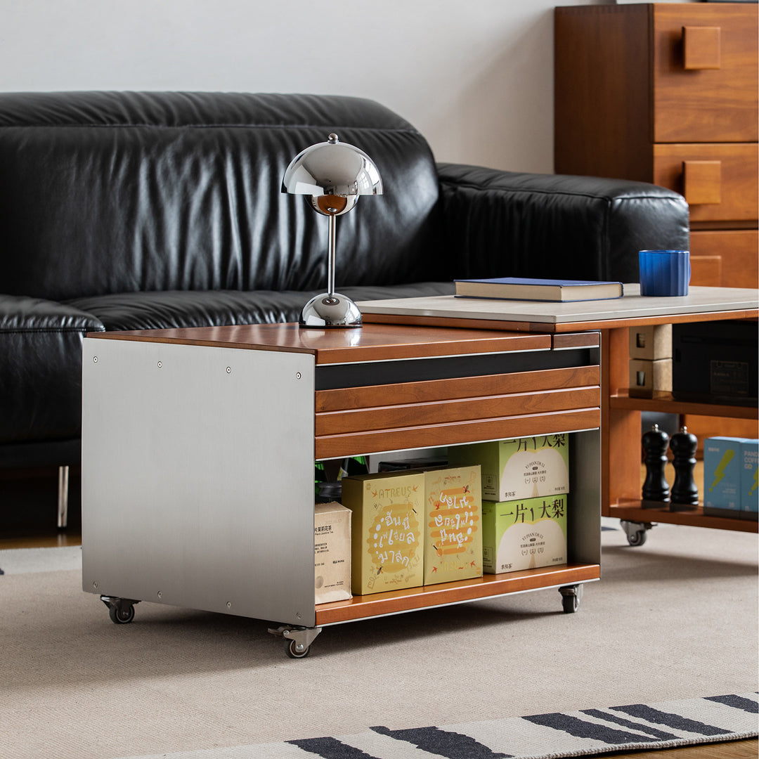 Vintage boxwood sintered stone lift-up coffee table silver wing in panoramic view.