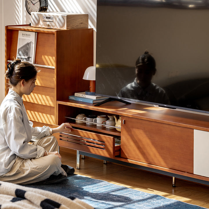 Vintage boxwood tv console pinecone material variants.