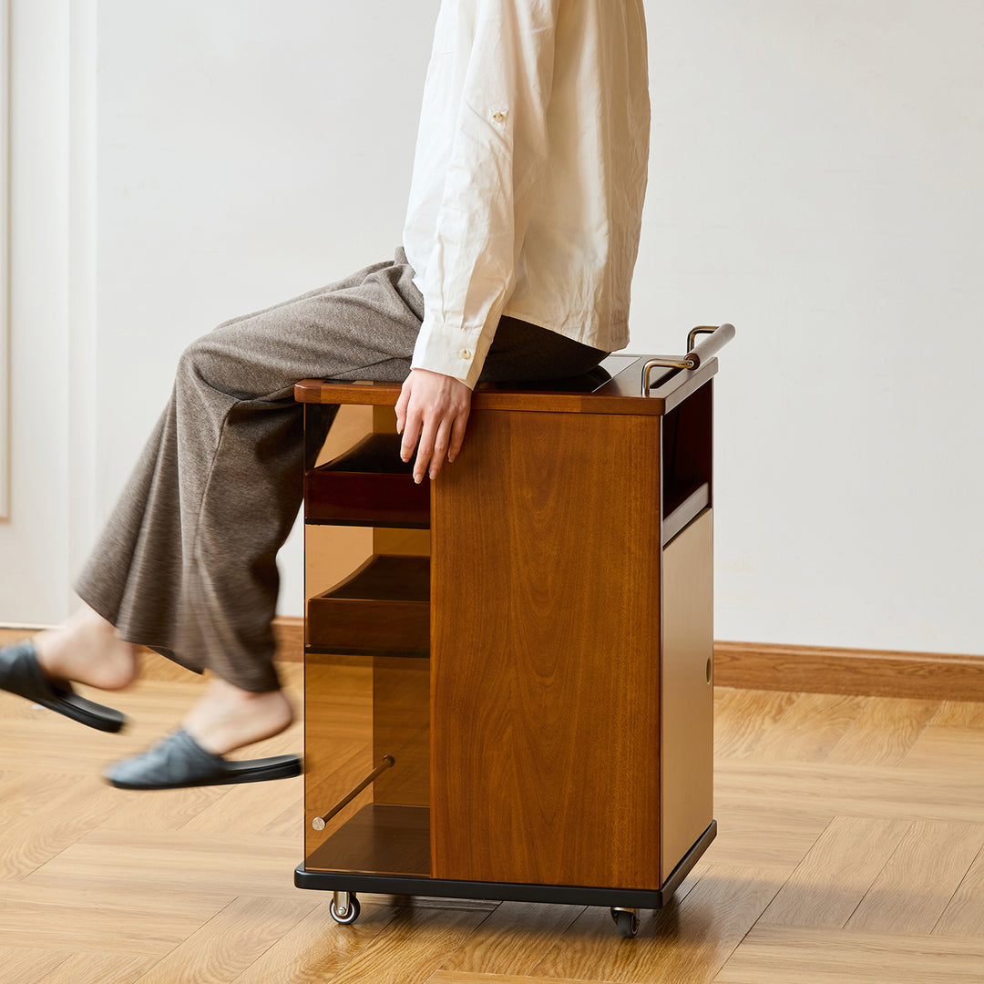 Vintage boxwood wheeled trolley side table moonrise in still life.