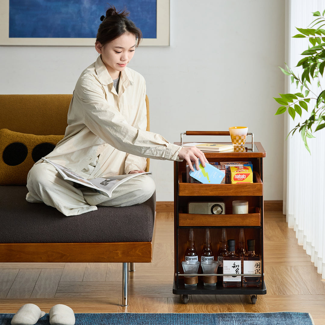 Vintage boxwood wheeled trolley side table moonrise in real life style.