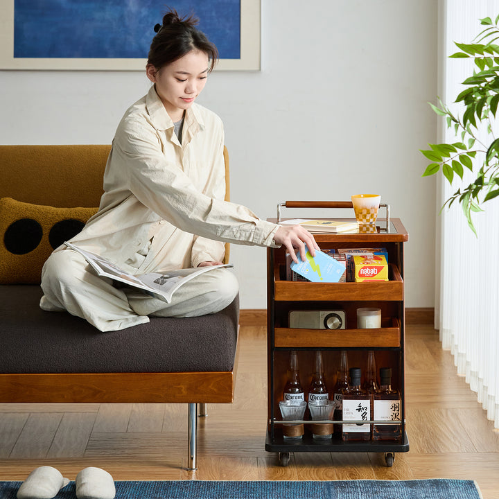 Vintage boxwood wheeled trolley side table moonrise in real life style.
