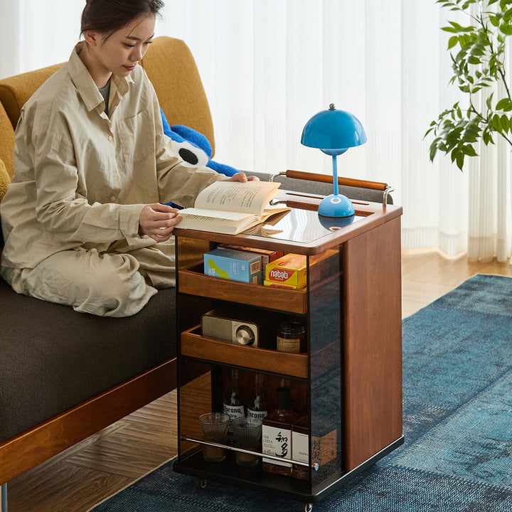 Vintage boxwood wheeled trolley side table moonrise with context.